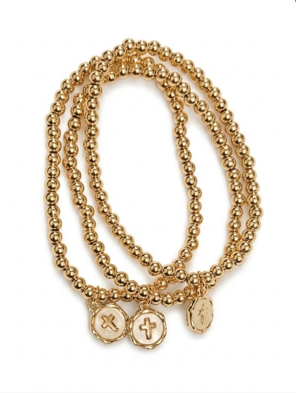 Gold Filled Stack Of Beaded Bracelets; Set Of Three; Cross Charm; Stretchy